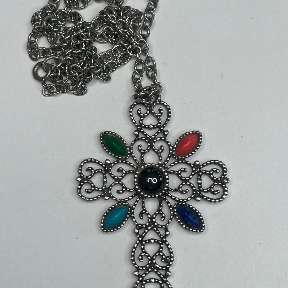 Vintage Avon Romanesque Cross Pendant Silver Tone multicolor necklace